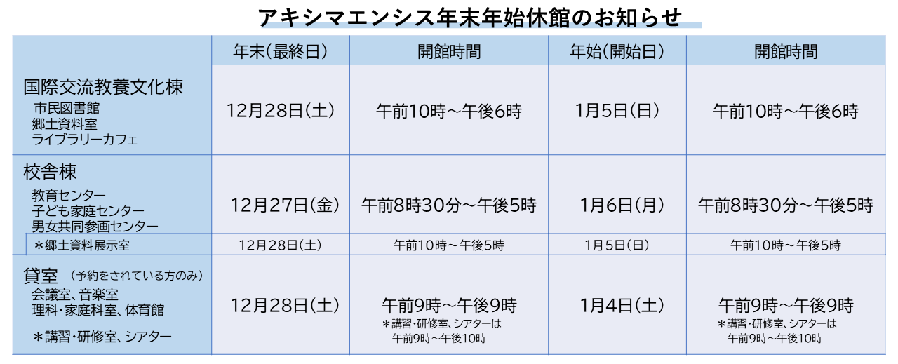 アキシマエンシスの年末年始休館日が書かれた表の画像